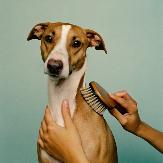 A dog being brushed by hand
